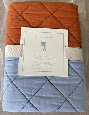 NWT Pottery Barn Kids Block Stripe Quilted Pillow Sham Euro Blue Orange - Изображение 1 из 3
