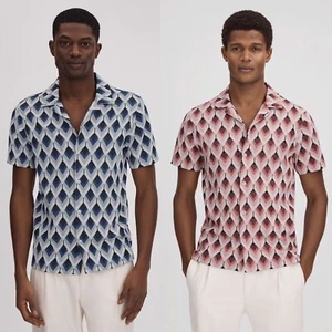 Camicia uomo REISS faggio jacquard collo cubano designer misto cotone manica corta - Foto 1 di 15