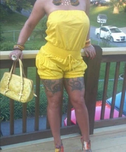 Mustard Yellow Strapless Romper With Elastic Waist And Pockets Large - Picture 1 of 7