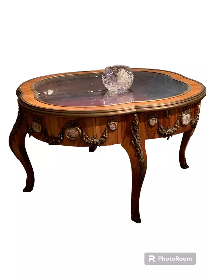 Display Curio Table Bronze Mounts Curved Glass Louis XV  with porcelain decor. - Image 1 of 4