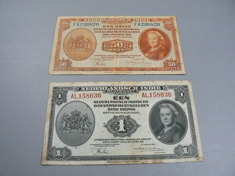 Netherlands Indies Banknote Pair 50 Cents Gulden 1943 P110 P111 See Description Cover