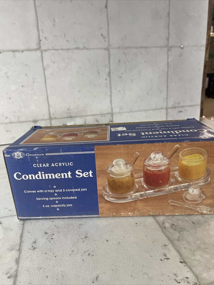 NOS Chadwickclear Acrylic Condiment Set 3oz Jars Spoons Tray Vtg 1992 Server A7