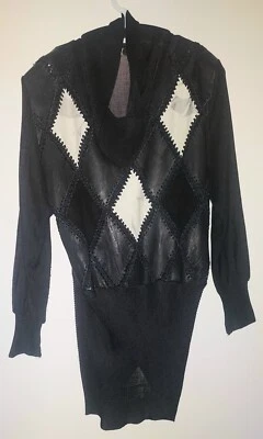 Vintage 1980's Black/White Patchwork Leather Hi-Low Dress W/Shoulder Pads - Image 1 of 4