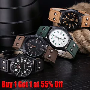 Men’s Military Leather Date Quartz Analog Army Casual Dress Wrist Watches UK - Picture 1 of 17