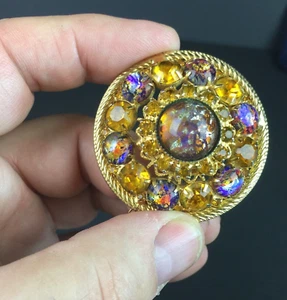 Vintage Round Gold Tone Pin Brooch Speckled Stones Fall Colors  - Picture 1 of 10
