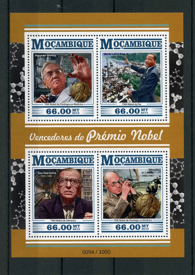 Mozambique 2015 MNH Nobel Prize Winners 4v M/S Martin Luther King Sartre Fleming - Image 1 of 1