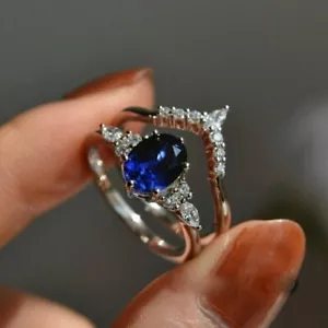 Lab Created Blue Sapphire Women's Engagement Ring Set 925 Sterling Silver Oval - Picture 1 of 5