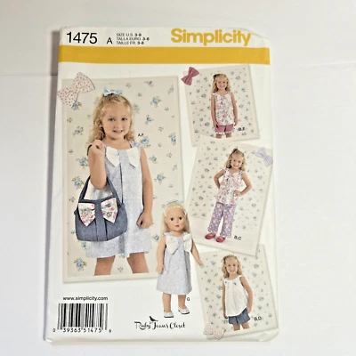 NEW Simplicity Pattern 1475 Girls' sz 3-8 Dress*Top*Pants w Dress for 18" Doll - Image 1 of 4