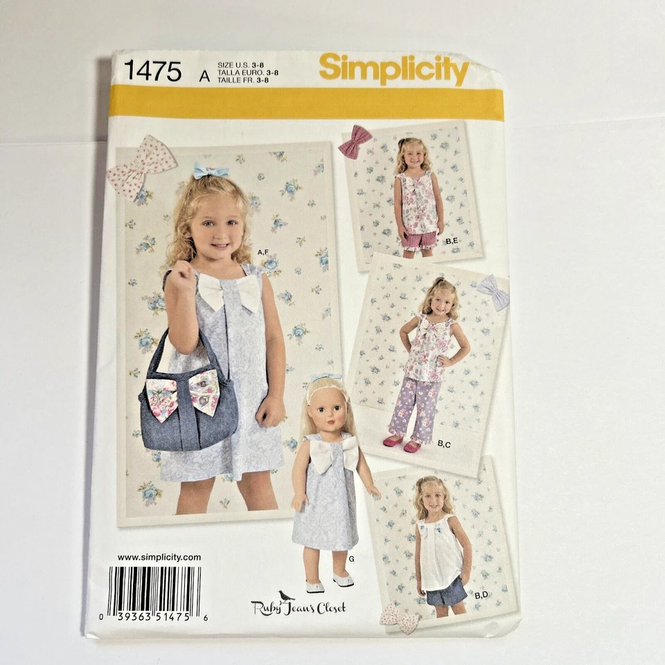 NEW Simplicity Pattern 1475 Girls' sz 3-8 Dress*Top*Pants w Dress for 18" Doll - Image 1 of 4