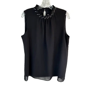 Karl Lagerfeld Black Lined Sleeveless Blouse Pearl Embellished Collar Size M - Picture 1 of 12