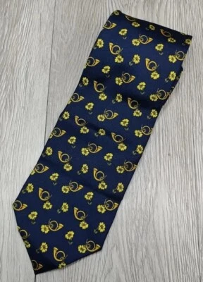 Longchamp 领带男式丝绸意大利制造领带黄色海军蓝印花 — 第 1/4 张图片