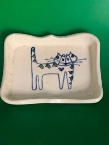 Weiß & Blau Katze Steinzeug Schmuck Tablett Schale Kätzchen 4 1/2 x 3" - Bild 1 von 3