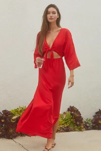 By Anthropologie Tie-Front Cover-Up Dress V Neck Red Long Slit Midi XXS NWT - Picture 1 of 9