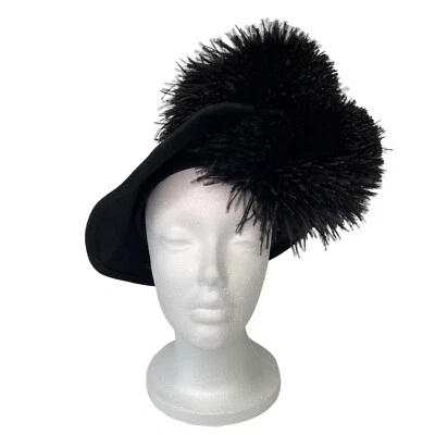 Jack McConnell Black Wool Hat Feathers Pom Poms 60's Made in USA Vintage - Image 1 of 4