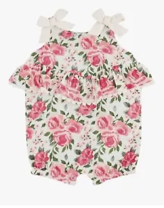Mud Pie Baby Girls Pink Floral Ruffle Bubble Shorts Romper Size 0-3 Months - Picture 1 of 2