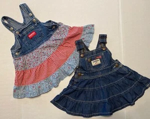 Oshkosh Denim Tiered Overall Jumper  Lot Of 2  Dresses 3-6 Mos July 4 Cute - Picture 1 of 10