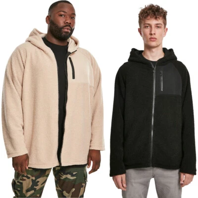 Urban Classics Hooded Sherpa Zip Jacket Fleece Sweatshirt Men's Beige Black - Image 1 of 4