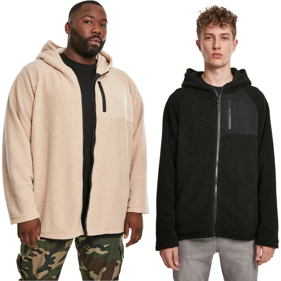 Urban Classics Hooded Sherpa Zip Jacket Fleece Sweatshirt Men's Beige Black - Image 1 of 4