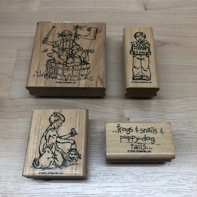 Stampin Up Little Boys madera goma sellos conjunto de 4 piratas cachorros ranas 2002 Foto 1 de 4