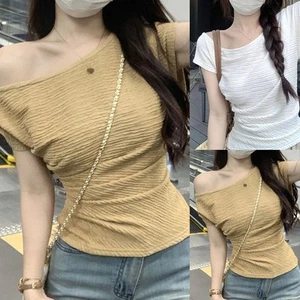Summer Women Elegant Top Off Shoulder Pleated Short Sleeve T Shirt Fashion - Picture 1 of 38