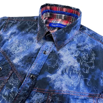 Georg Roth Shirt Mens M Blue Pearl Snap Plaid Flip Cuff Western Artistic - Image 1 of 4