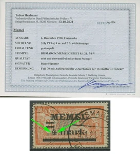 Memelgebiet 1920 mit Aufdruckfehler 31 I y PF Ia gestempelt geprüft mit Befund - Bild 1 von 1