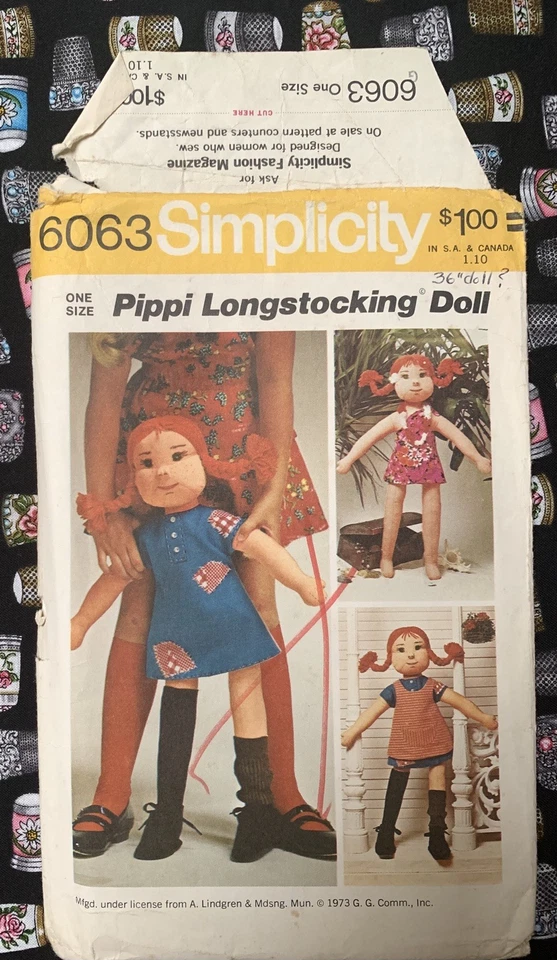 1970s Simplicity 6063 Pippi Longstocking Rag Doll & Clothes Sewing Pattern UNCUT - Image 1 of 4