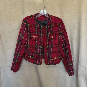 SHEIN Damen-Blazer Größe 13 M rot und schwarz kariert Rundhalsausschnitt Langarm gefüttert - Bild 1 von 9