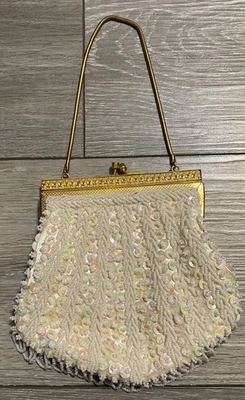 Vintage Ivory Off White Beads & Sequins Evening Clutch Hand Bag Purse Hong Kong - Image 1 of 4