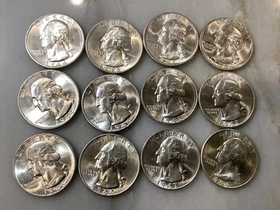 12 Choice Unc coins Washington Silver Quarters 25 cent  1944 to 1947 P S mints - Image 1 of 2