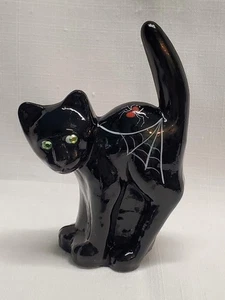 Fenton Glass Black Scaredy Cat Halloween 4" Figurine Green Rhinestone Jewel Eyes - Picture 1 of 10