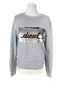 Diesel Ladies Sweatshirt Jumper Top Grey Silver 100% Cotton Sequin Logo UK 8 10 - Picture 1 of 9