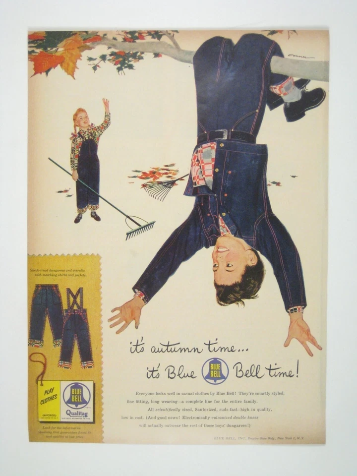 Vintage 1950s Blue Bell Ad Print Kids Denim Overalls Autumn Raking Leaves Tree - Image 1 of 1