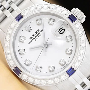 LADIES ROLEX DATE 18K WHITE GOLD DIAMOND SAPPHIRE & STEEL WATCH - WHITE DIAL - Picture 1 of 7