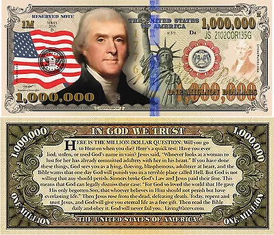 Thomas Jefferson Million Dollar Bill Play Funny Money Gospel Tract + FREE SLEEVE