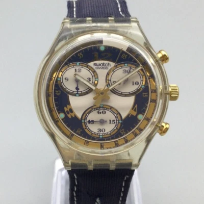 Swatch Blue Horizon Chronograph Watch Men 37mm Gold Tone Swiss New Battery - Image 1 of 4