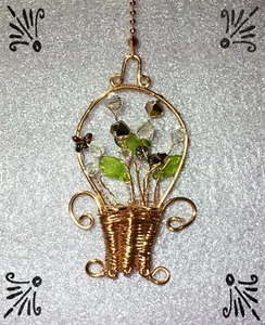 Handcrafted Copper Rose Gold Basket Of Flowers Fan Pull Made With Swarovski - Picture 1 of 4