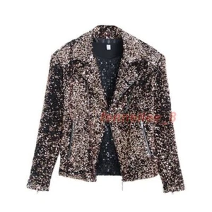 Men Glitter Sequin Motorcycle Biker Jacket Oblique Zip Coat Dinner Party Fashion - Picture 1 of 24