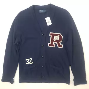 Cárdigan Polo Ralph Lauren Ala R MEDIANO Azul Marino Hombres Letterman TOTALMENTE NUEVO Raro - Imagen 1 de 8