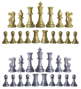 Staunton Single Weight Chess Pieces - Set of 34 Khaki Gold & Silver - 4 Queens - Picture 1 of 4