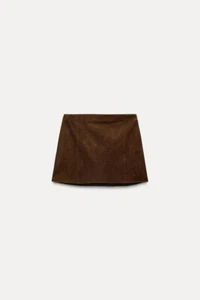 ZARA Woman ZW Collection Suede Leather Mini Skirt Brown New Size M Fall 2024 - Picture 1 of 6