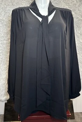 NYDJ Plus Sz 4X Black Sheer Long Sleeve Tie Neck Blouse Top Tunic Women's NWT - Image 1 of 4