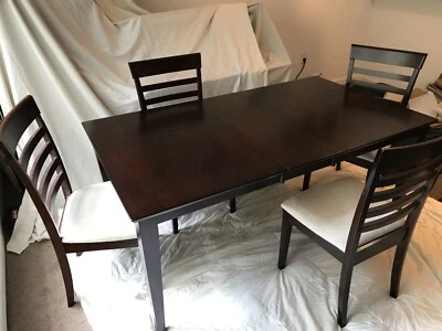 Dining table and 4 chairs. Dark wood dinner table with white suede seat cushions - Image 1 of 4