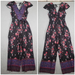 Band Of Gypsies Jumpsuit Womes Medium Black Floral Wide Leg V-Neck Ties Boho NEW - Picture 1 of 18
