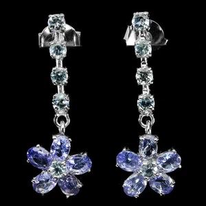925 Sterling Silver Earrings Oval Tanzanite 4x3mm Aquamarine Gemstone Jewelry - Picture 1 of 14