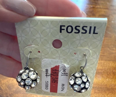 Pendientes colgantes fósiles de cristal esmalte negro tono plata brillantes nuevos con etiquetas Foto 1 de 4