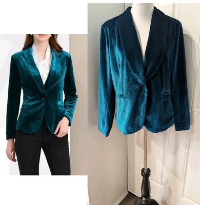 Allegra K Blazer Size L NWT Lake Blue Velvet Shawl Collar Work Jacket Pockets  - Image 1 of 4