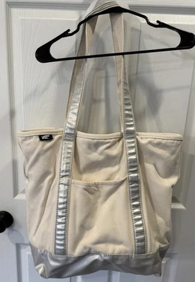 Lands' End TOTE Large Zip Top Natural/Silver Heavy Duty Canvas Tote Pockets - Image 1 of 4