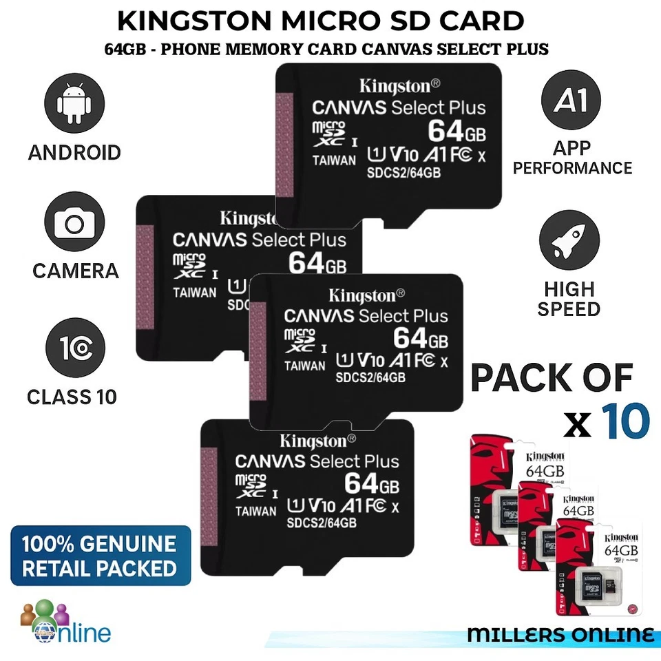 10 Pack Kingston 64GB TF MicroSD Memory Cards – High Speed – Phone CCTV Camera - Image 1 of 1