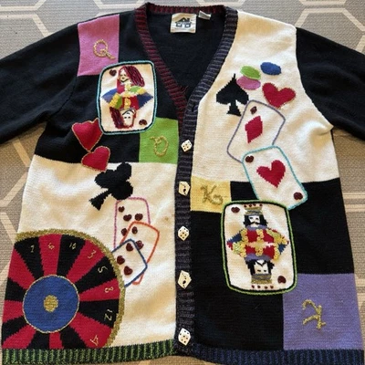 Libro de cuentos tejidos para mujer L Kings Queen tarjetas suéter cárdigan abotonado Vegas de colección Foto 1 de 4